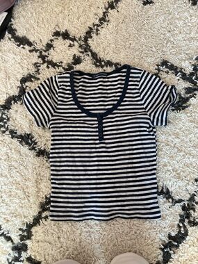 Brandy Melville Navy & White Striped Henley Tee